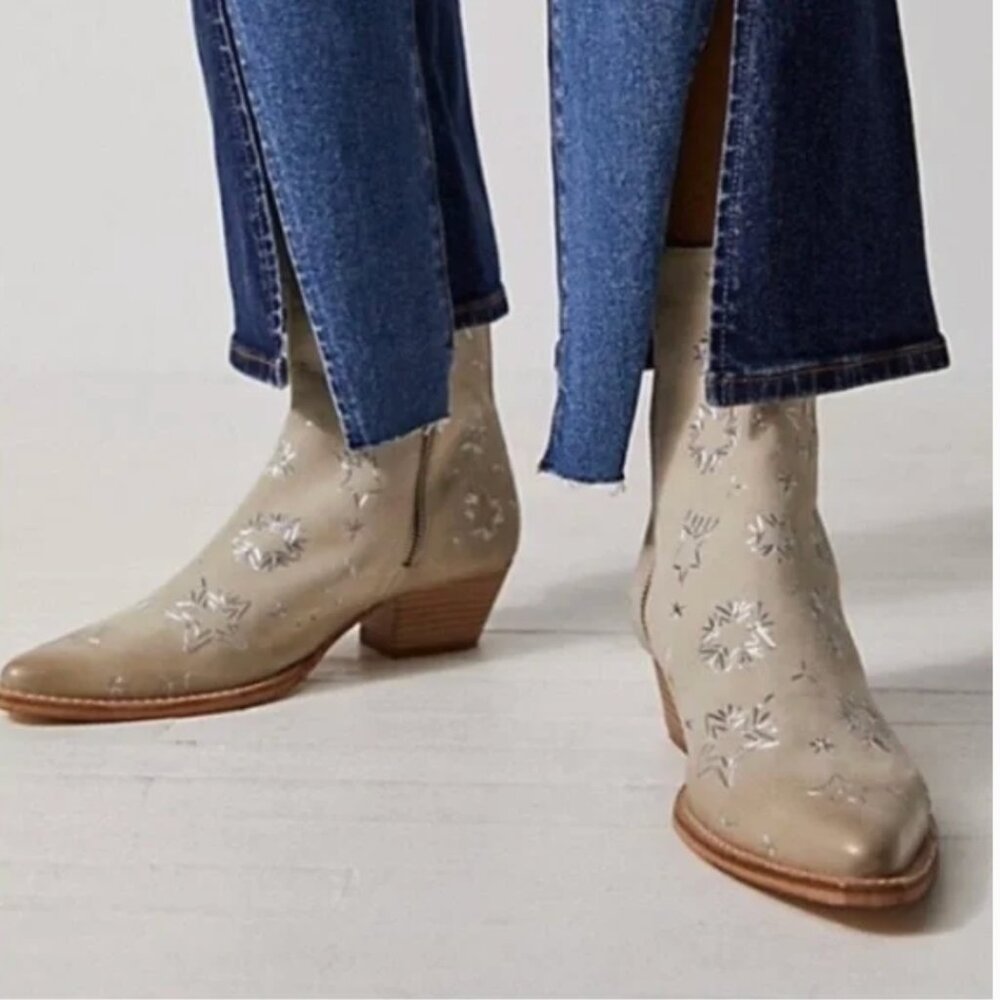 Free People Bowers Embroidered Bootie Bone Suede w/ silver Boots Fits 8.5